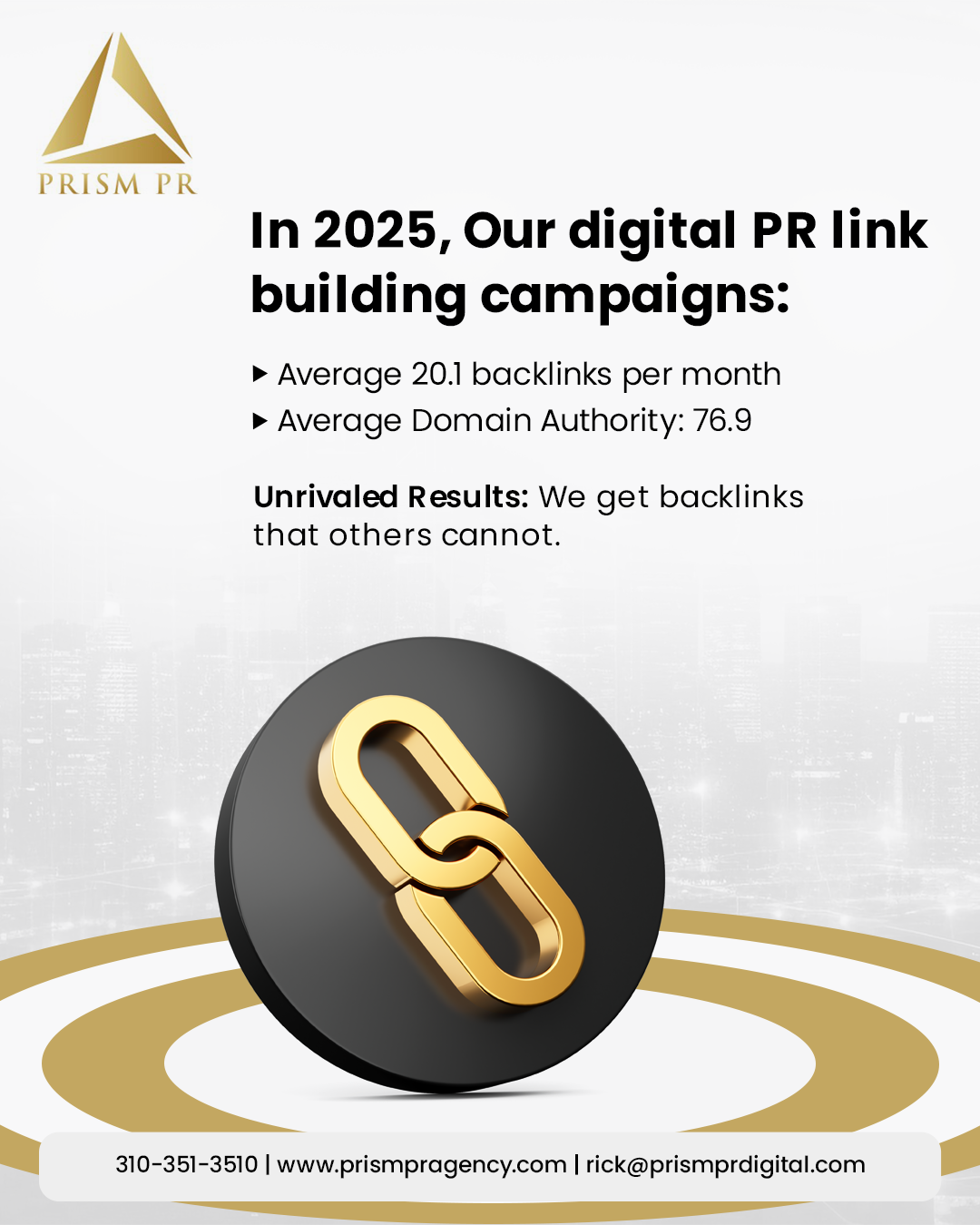 Prism PR graphic on 2025 digital PR link building campaign results with a gold chain link icon